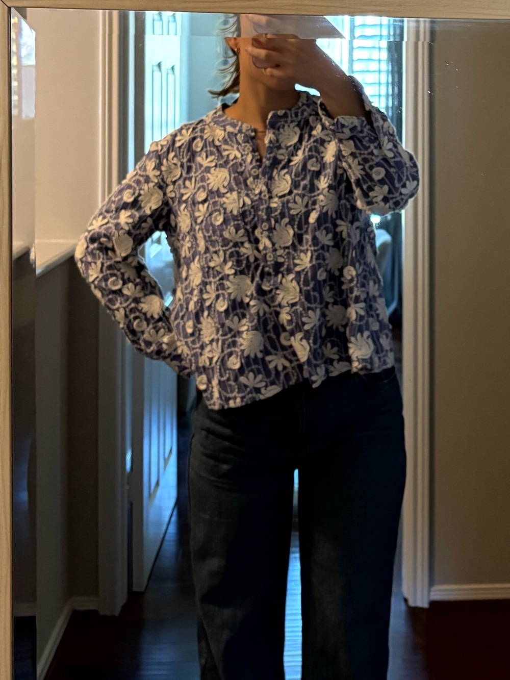Pilcro Blue and White Floral Embroidered Blouse